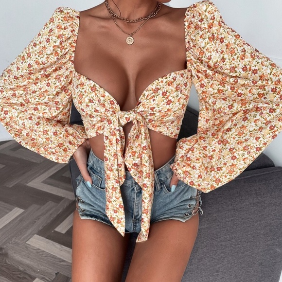 Boho Orange Floral Print Front Tie Puff Sleeve Top - Picture 2 of 5